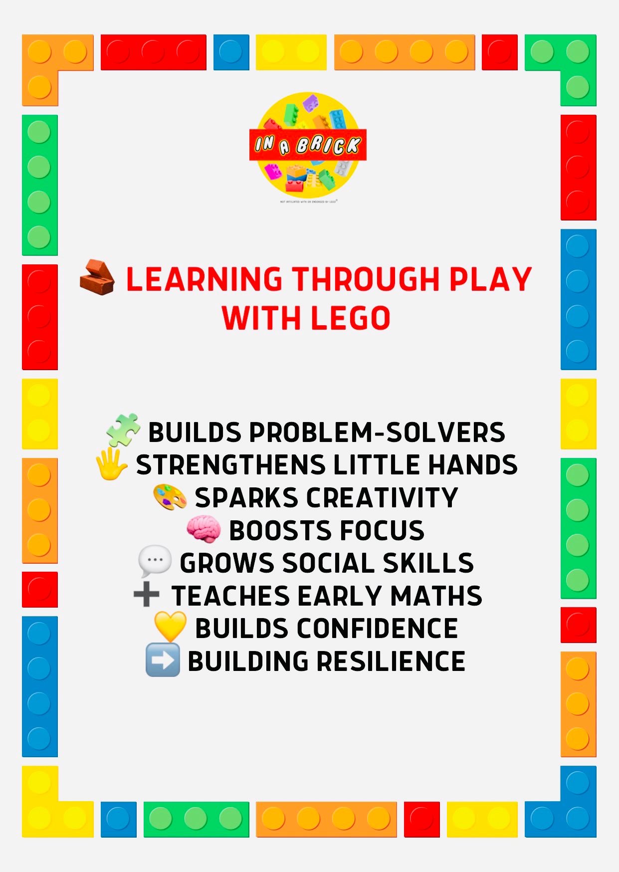 Learning through play with LEGO benefits poster